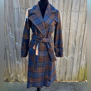 Rachel Zoe Brown & Blue Plaid Contemporary Fit Trench Coat Size S